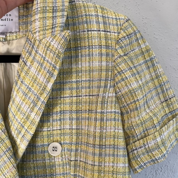 MAISON dAmelie Short Sleeve Yellow/ Blue With Pockets Jacket,Size M - Picture 6 of 9